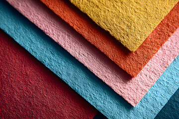 Texture background of fashion papers in memphis geometry style. Yellow, blue, light blue, red and pastel pink colors. Top view, flat lay