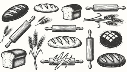 Bakery Tools and Bread Sketch Style Vector