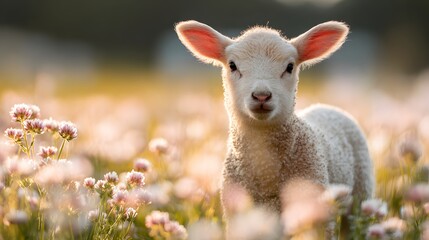 Obraz premium Adorable Young Lamb Standing in a Field of Wildflowers at Sunrise.