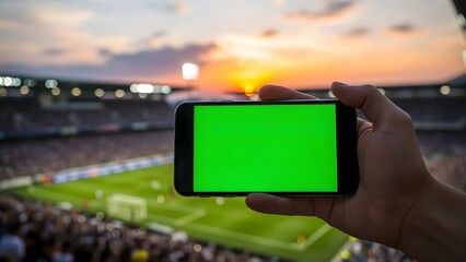 Hand Holding Phone with Greenscreen, Over Blurry Sports Stadium Crowd at Sunset