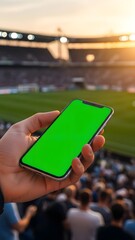 Hand Holding Phone with Greenscreen, Over Blurry Sports Stadium Crowd at Sunset, portrait
