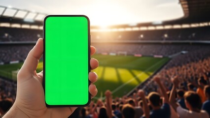 Hand Holding Phone with Greenscreen, Over Blurry Sports Stadium Crowd at Sunset