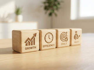 KPI projection icons on wooden cubes positioned precisely with shallow depth and clean minimal blurred background