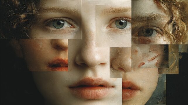 Surreal minimal portrait of a woman with fragmented facial sections arranged in a collage grid showing multiple angles and expressions, muted colors, soft cinematic lighting, psychological tension