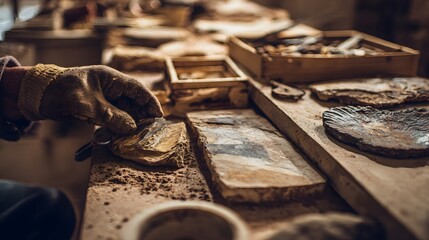 Artisan crafting delicate pottery with skilled hands on a rustic wooden table.