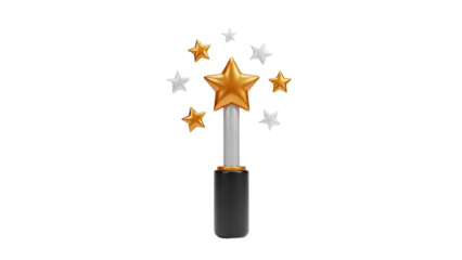 3D Magic Wand with Gold and Silver Stars on transparent background