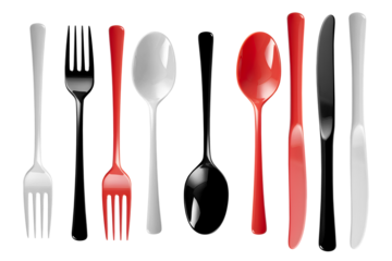  collection of kitchen utensils, including spatulas, tongs, a pasta server, and a wooden spoon, arranged against a transparent background for a product shot.