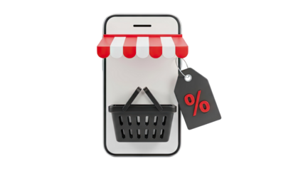 3D Online shopping concept: smartphone, shopping basket, sale tag on transparent background
