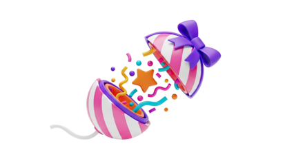 3D Party Popper Exploding with Confetti and Star on transparent background