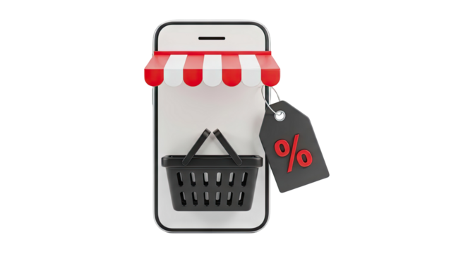 3D Online shopping concept: smartphone, shopping basket, sale tag on transparent background - Powered by Adobe