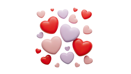 3D Red, Pink and Purple Hearts Background on transparent background