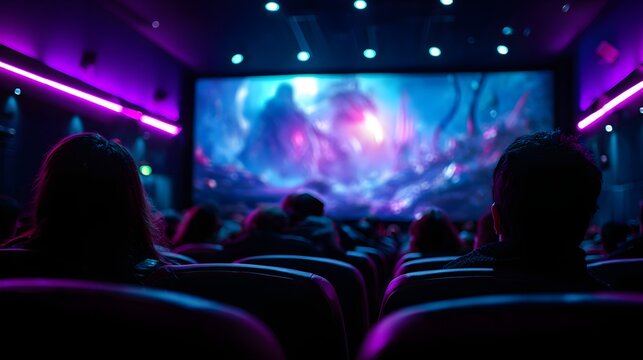 Audience watches a visually stunning movie on a large cinema screen with purple lighting.