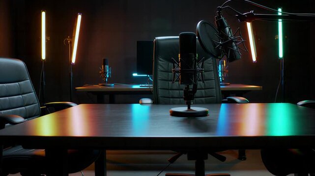 Professional podcast studio setup with microphones and empty chairs

