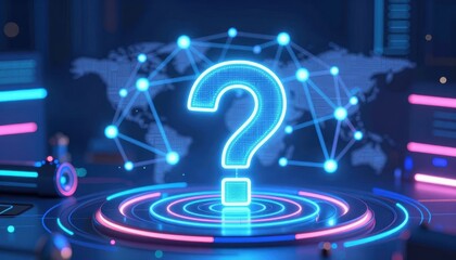 Abstract Visual Representation of a Glowing Question Mark Symbol over a Network Connectivity Background