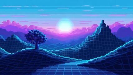 Nostalgic synthwave pixel art landscape with glowing grid and mountains at sunset