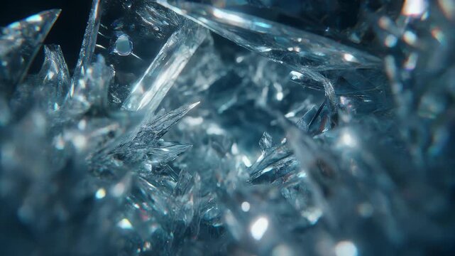 Cinematic macro push-in of intricate crystalline ice structures evolving with internal light and cool refractions