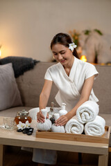 Adult Asian Woman Preparing Home Spa Treatments Wellness Relaxation Serenity Health Products Arranging Natural Therapies