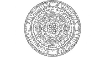 Intricate circular pattern featuring concentric rings of detailed labyrinth and stylized floral motifs