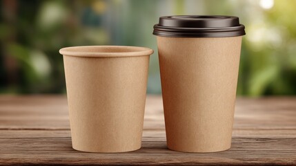 Simple duo of kraft paper cups, one with a dark lid and one open, standing on a rustic wooden table with soft greenery background, ideal for branding and eco cafe concepts.