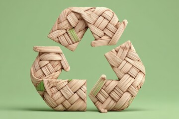 Stylized recycle icon crafted from woven wooden strips on a soft green backdrop, ideal for illustrating sustainability, eco branding, and circular design concepts.