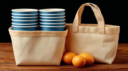 Neutral fabric storage baskets hold a stack of blue cups beside smooth eggs on a rustic wood surface, highlighting reusable organization, kitchen accessories, and eco lifestyle themes.