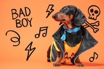 A dachshund wearing a leather jacket and yellow shirt poses confidently with eyes closed on an orange background filled with musical and rebellious doodles