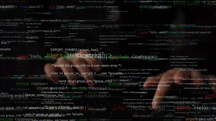 A close-up view of hands typing on a keyboard with an overlay of programming code snippets, illustrating technology and coding concepts in a digital workspace. Xenic