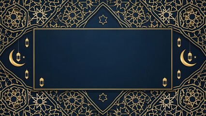 Elegant Islamic Background with Golden Pattern Crescent Moon and Lanterns for Ramadan Eid.