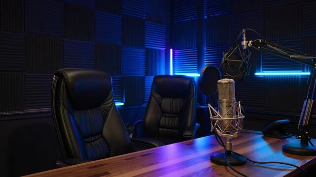 Modern podcast studio with microphone and empty chairs ready for recording
