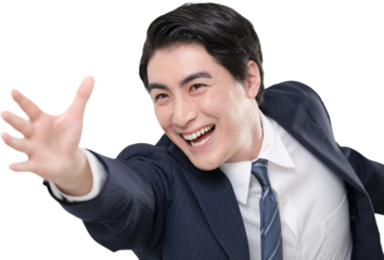 目標や未来を掴もうと手伸ばすスーツのジャンプや躍動感あるビジネスマン男性クローズアップ　スタートや転職などのイメージ　背景透明の切り抜き