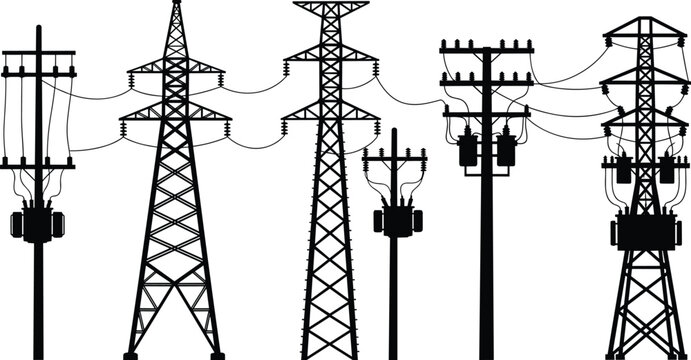 Electric power transmission towers and utility poles silhouette set showing electricity distribution infrastructure energy grid technology isolated illustration