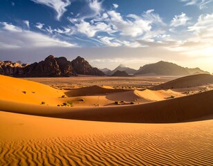 Sunny desert landscape of rippling sand dunes and distant mountains