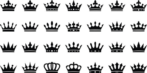 Solid Vector Icon Set Representing Crowns Royal Excellence Premium Rewards Leadership Authority Success Status and High Quality Branding Concepts