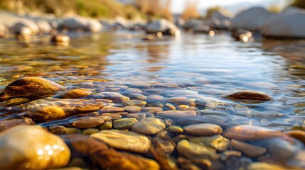Close-up of a Clear River Flowing Over Smooth Pebbles in Sunlight.