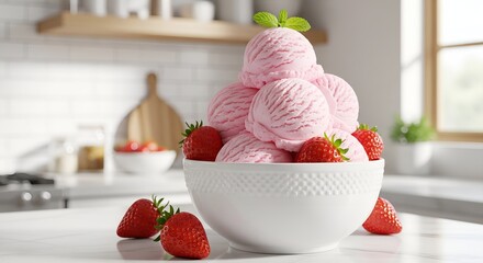 Delicious Strawberry Ice Cream Scoops with Fresh Berries in a Bright Kitchen
