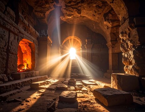 Sun beams stream through an ancient stone archway into a dark cavern