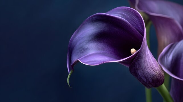 Close-up of a deep purple Calla Lily flower with a dark background.