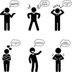 Man Silhouette Collection with Thought Bubbles for Anger, Love, and Stress