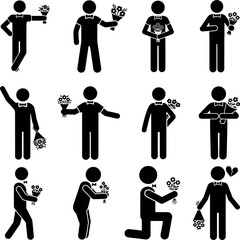 Romantic Male Character Poses with Flowers and Broken Heart Silhouette Collection