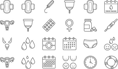 Outline Vector Icon Set Representing Menstrual Health Period Tracking Reproductive Wellness Feminine Hygiene Products and Women's Healthcare Progress Concepts