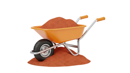 3D Orange Wheelbarrow Filled With Dirt on transparent background
