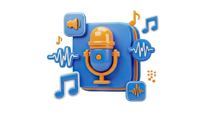 3D Icon Set: Microphone, Music Notes, Soundwaves, and Speaker on transparent background