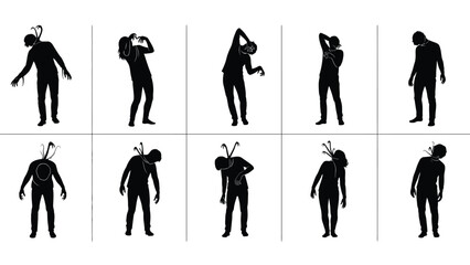 Human silhouettes with insect heads in various poses © Shela