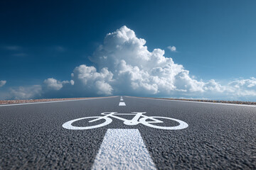 Low angle view of a bicycle symbol on an asphalt road leading toward a massive, dramatic white cumulus cloud.