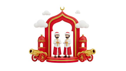 3D Ramadan greeting with cannons and arch on transparent background