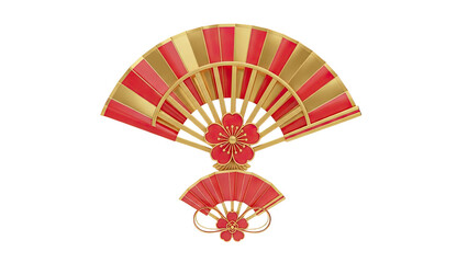 3D Red and Gold Japanese Fans with Cherry Blossom Ornaments on transparent background