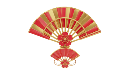 3D Red and Gold Japanese Fans with Cherry Blossom Ornaments on transparent background