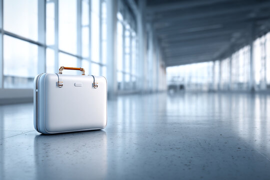 Luxury white hard-shell suitcase standing in a blurred, bright modern airport terminal, symbolizing high-end travel and business trips.