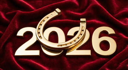 Golden 2026 on red velvet fabric with horseshoe