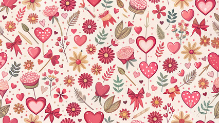 valentines day pattern with hearts flowers and bows